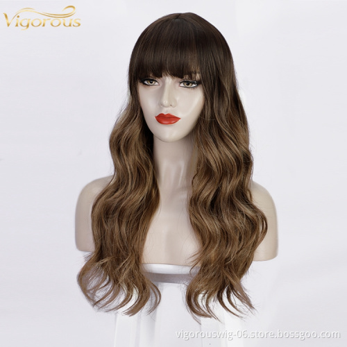 Vigorous Cheap Price Curly Mono Brown Body Wave Hair Heat Resistant Fiber For Women Synthetic Wig With Neat Bang